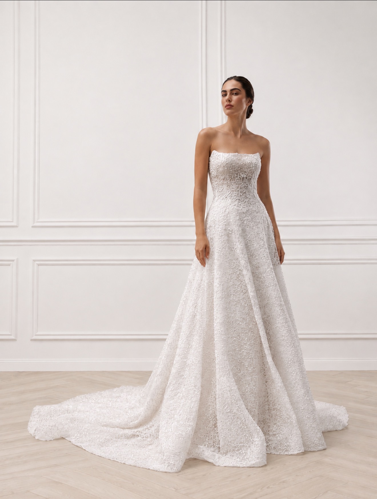 Erinary — strapless textured lace A-line wedding dress with cathedral train