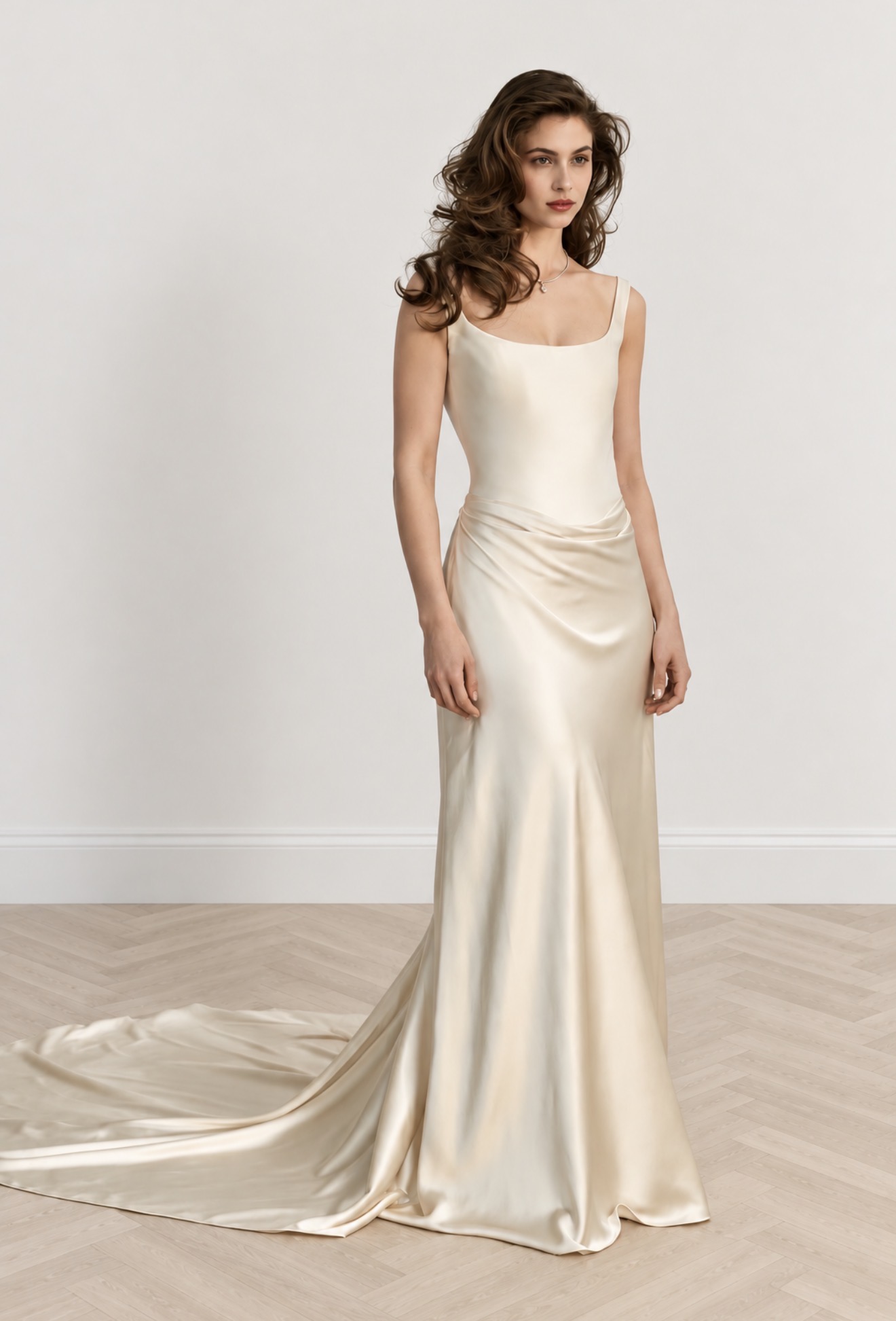 Janelle — bias satin sheath wedding dress with draped cowl waist and train